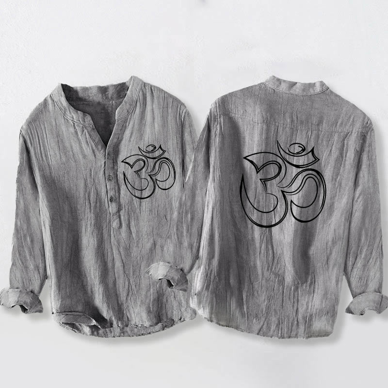 Herren-Langarmhemd aus Baumwoll-Leinen-Mischgewebe mit Buddha Stones, schlichtem Om-Symbol-Muster und halben Knöpfen. - Grau - US/ UK/AU50, EU60 (5XL) - image 0