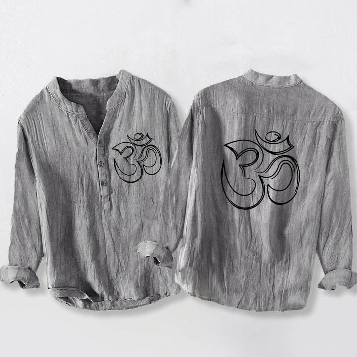 Herren-Langarmhemd aus Baumwoll-Leinen-Mischgewebe mit Buddha Stones, schlichtem Om-Symbol-Muster und halben Knöpfen. - Grau - US/ UK/AU50, EU60 (5XL) - image 0