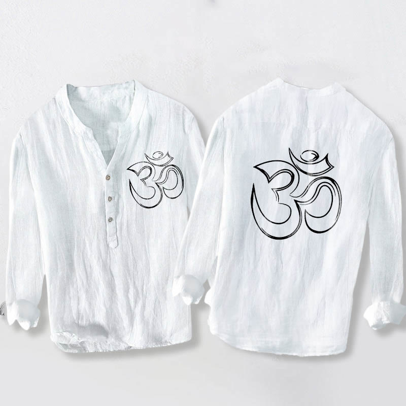 Herren-Langarmhemd aus Baumwoll-Leinen-Mischgewebe mit Buddha Stones, schlichtem Om-Symbol-Muster und halben Knöpfen. - Weiß - US/ UK/AU50, EU60 (5XL) - image 6