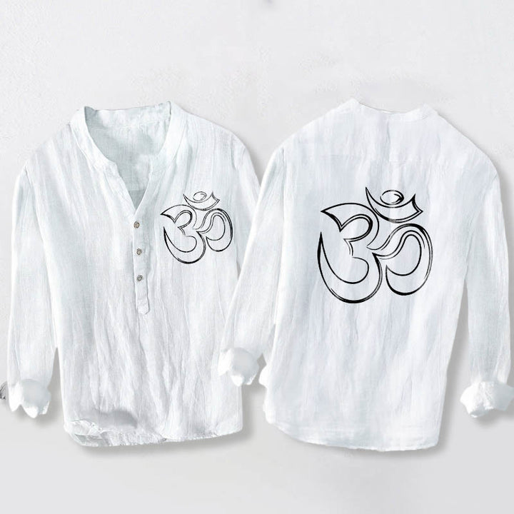 Herren-Langarmhemd aus Baumwoll-Leinen-Mischgewebe mit Buddha Stones, schlichtem Om-Symbol-Muster und halben Knöpfen. - Weiß - US/ UK/AU50, EU60 (5XL) - image 6