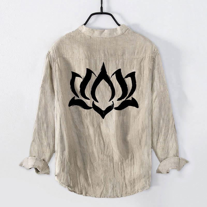 Herren-Langarmhemd aus Baumwoll-Leinen mit Buddha Stones, Lotus-Om-Symbol-Muster und halben Knöpfen. - image 5