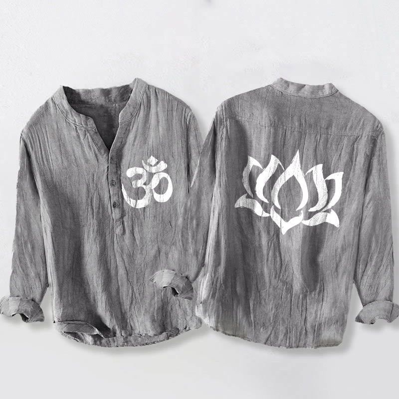 Herren-Langarmhemd aus Baumwoll-Leinen mit Buddha Stones, Lotus-Om-Symbol-Muster und halben Knöpfen. - Grau - US/ UK/AU50, EU60 (5XL) - image 0