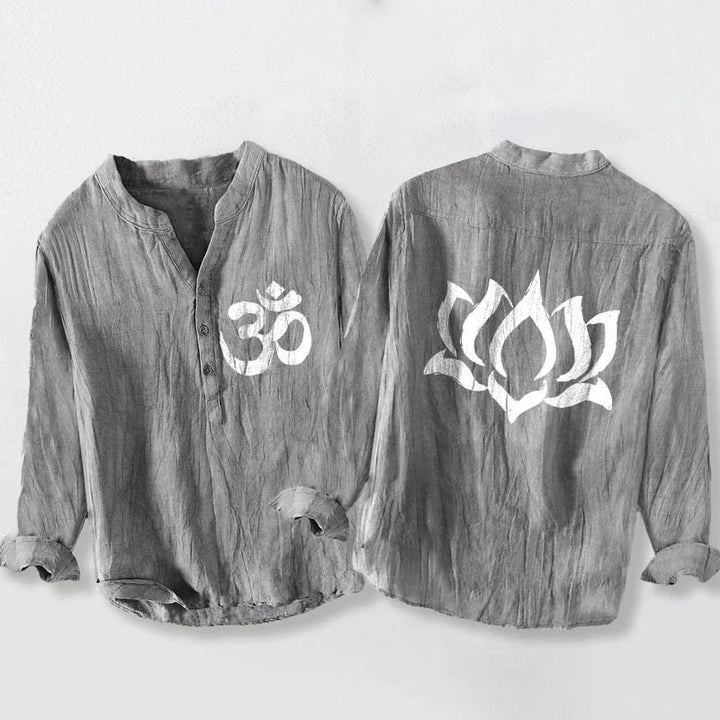Herren-Langarmhemd aus Baumwoll-Leinen mit Buddha Stones, Lotus-Om-Symbol-Muster und halben Knöpfen. - Grau - US/ UK/AU50, EU60 (5XL) - image 0