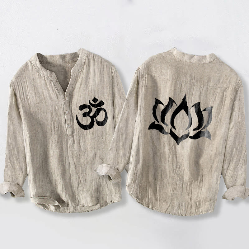 Herren-Langarmhemd aus Baumwoll-Leinen mit Buddha Stones, Lotus-Om-Symbol-Muster und halben Knöpfen. - Leinen - US/ UK/AU50, EU60 (5XL) - image 3