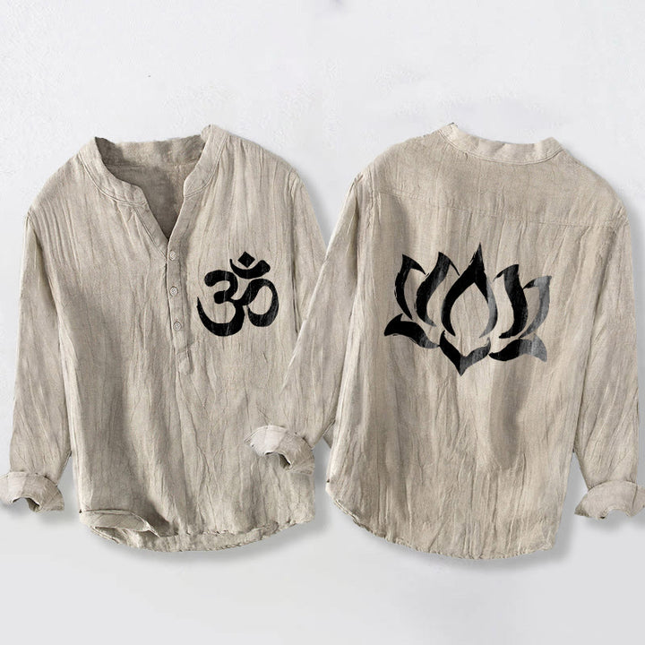 Herren-Langarmhemd aus Baumwoll-Leinen mit Buddha Stones, Lotus-Om-Symbol-Muster und halben Knöpfen. - Leinen - US/ UK/AU50, EU60 (5XL) - image 3