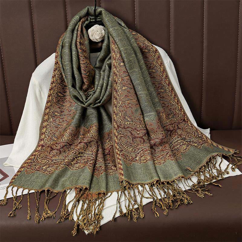 Buddha Stones Winter Ethnische Tibetischen Jacquard Paisley Druck Muster Quaste Gemütliche Schal Schal - DunkelMeergrün - 70*190cm - image 4