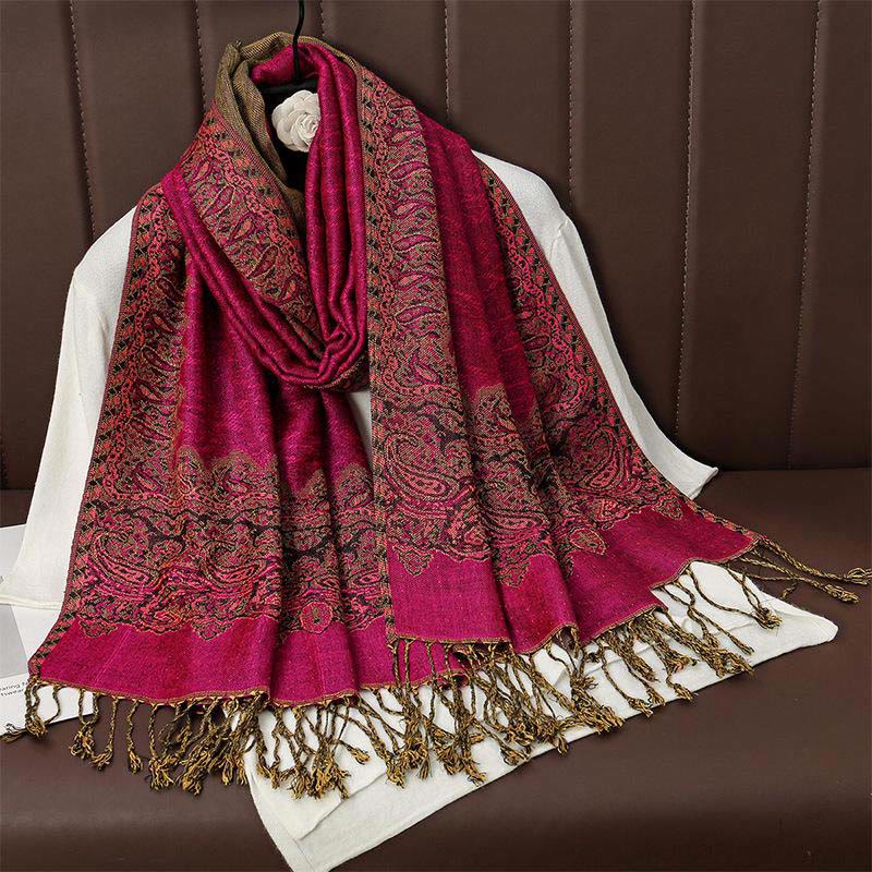 Buddha Stones Winter Ethnische Tibetischen Jacquard Paisley Druck Muster Quaste Gemütliche Schal Schal - MittelViolettRot - 70*190cm - image 3