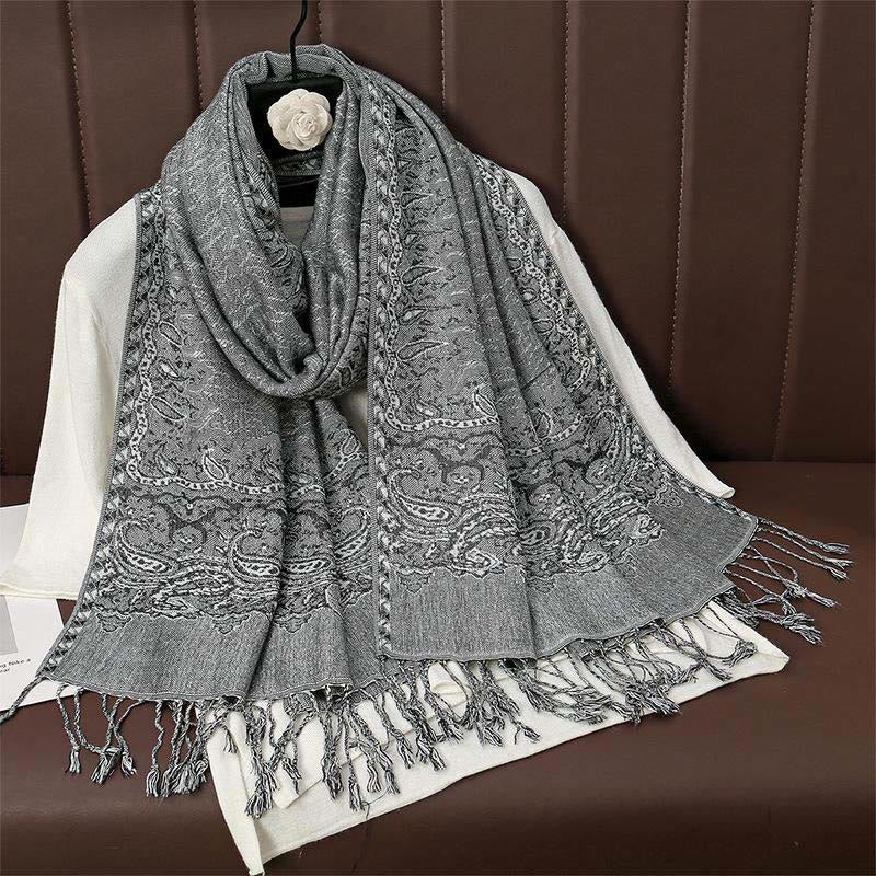 Buddha Stones Winter Ethnische Tibetischen Jacquard Paisley Druck Muster Quaste Gemütliche Schal Schal - Dunkelgrau - 70*190cm - image 13