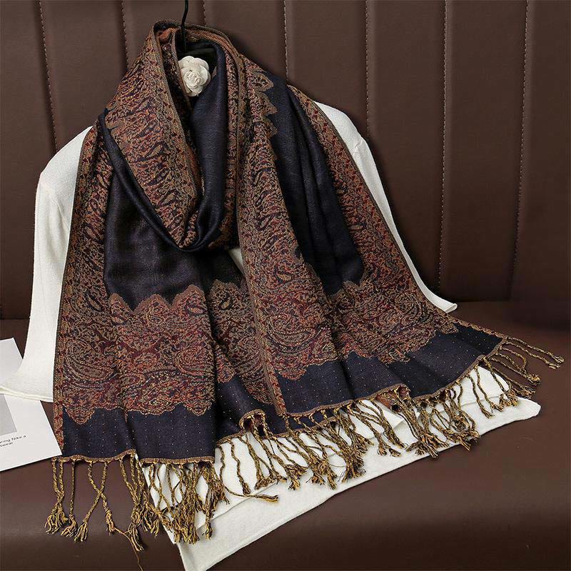 Buddha Stones Winter Ethnische Tibetischen Jacquard Paisley Druck Muster Quaste Gemütliche Schal Schal - Mitternachtsblau - 70*190cm - image 2