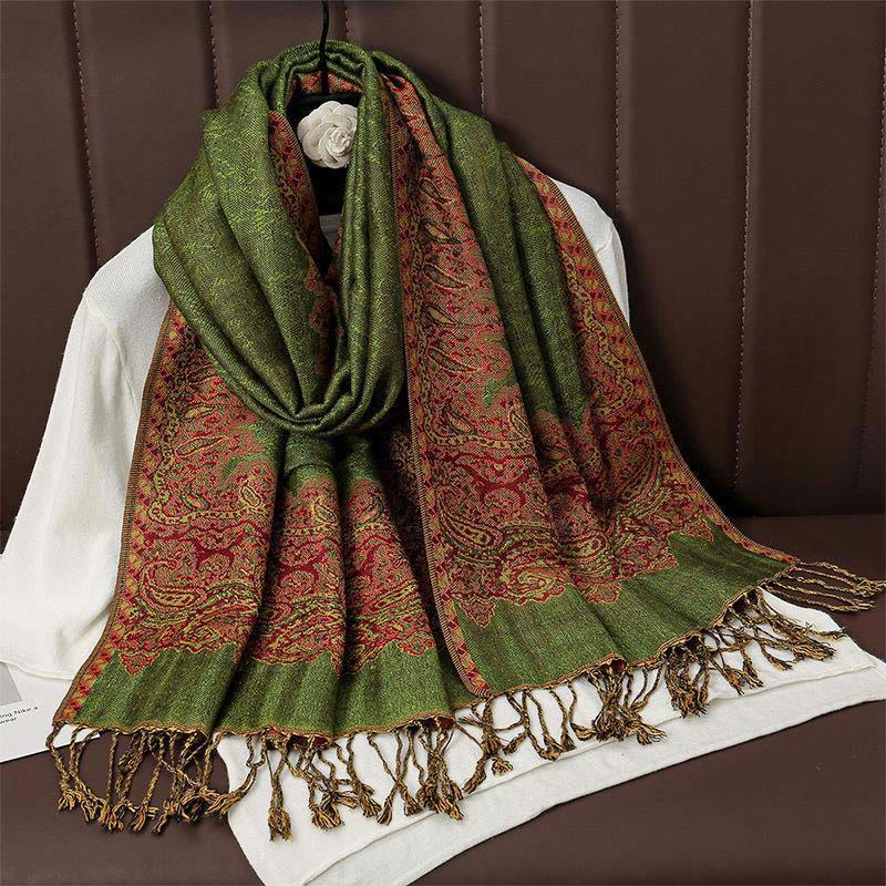 Buddha Stones Winter Ethnische Tibetischen Jacquard Paisley Druck Muster Quaste Gemütliche Schal Schal - Olivgrün - 70*190cm - image 10