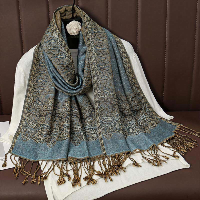 Buddha Stones Winter Ethnische Tibetischen Jacquard Paisley Druck Muster Quaste Gemütliche Schal Schal - Hellstahlblau - 70*190cm - image 5