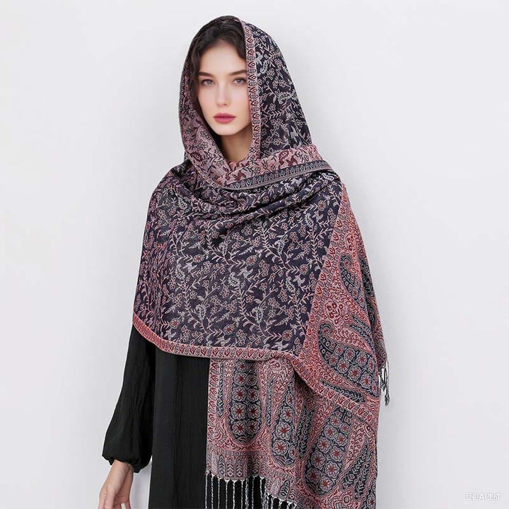 Buddha Stones Tibetischer Jacquard Paisley Blumenmuster Farbkontrast Design Quaste Gemütlicher Schal Schal - image 38