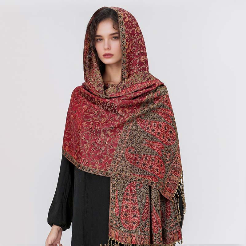 Buddha Stones Tibetischer Jacquard Paisley Blumenmuster Farbkontrast Design Quaste Gemütlicher Schal Schal - image 4