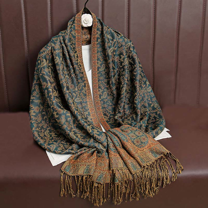 Buddha Stones Tibetischer Jacquard Paisley Blumenmuster Farbkontrast Design Quaste Gemütlicher Schal Schal - SeaGreen - image 0