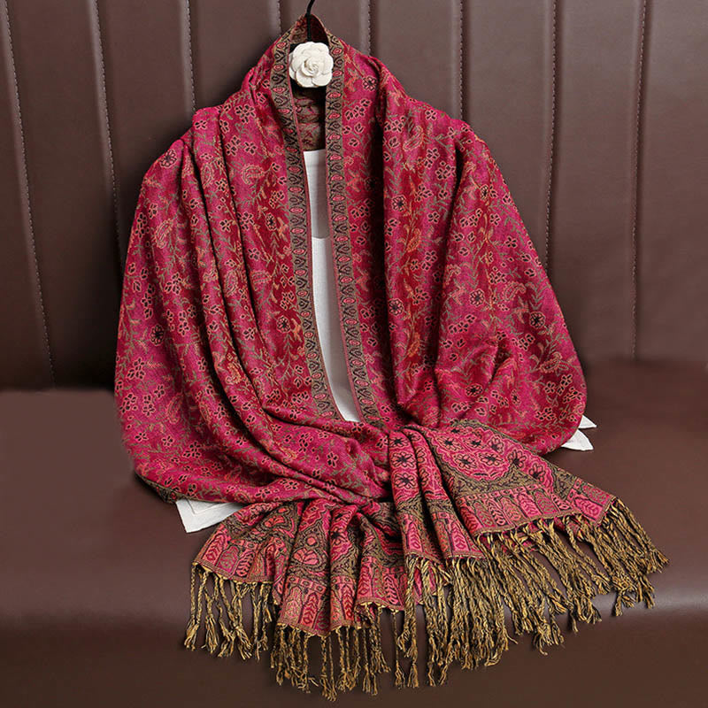 Buddha Stones Tibetischer Jacquard Paisley Blumenmuster Farbkontrast Design Quaste Gemütlicher Schal Schal - Tiefrosa - image 5