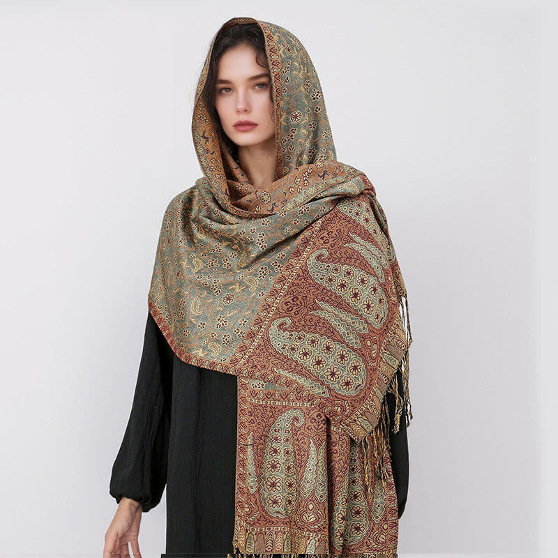 Buddha Stones Tibetischer Jacquard Paisley Blumenmuster Farbkontrast Design Quaste Gemütlicher Schal Schal - image 24