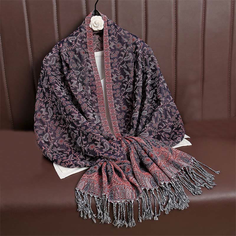 Buddha Stones Tibetischer Jacquard Paisley Blumenmuster Farbkontrast Design Quaste Gemütlicher Schal Schal - Dunkelmagenta - image 37
