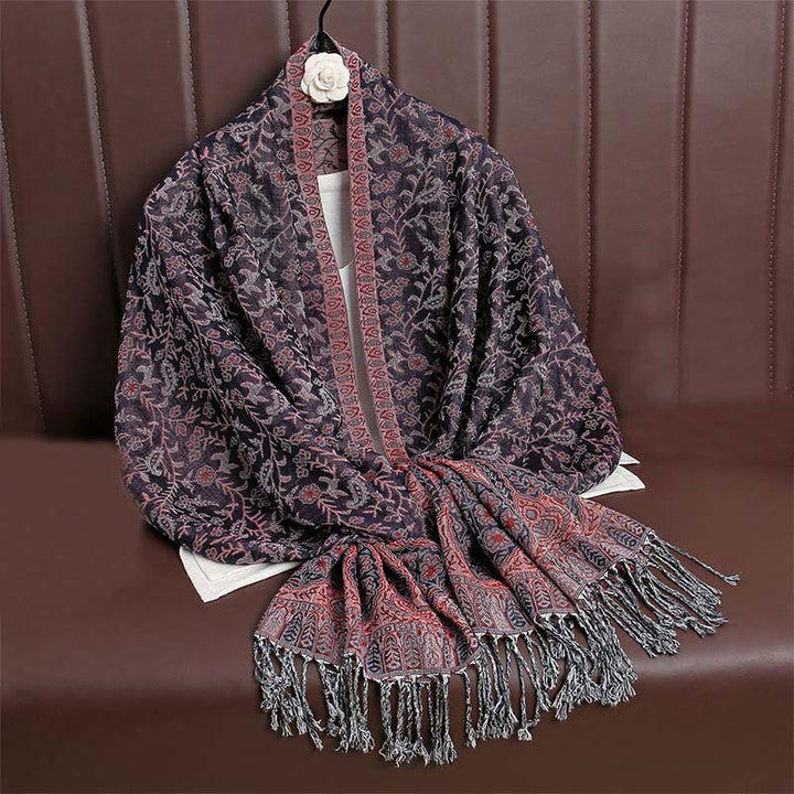 Buddha Stones Tibetischer Jacquard Paisley Blumenmuster Farbkontrast Design Quaste Gemütlicher Schal Schal - DunkelMagenta - image 37