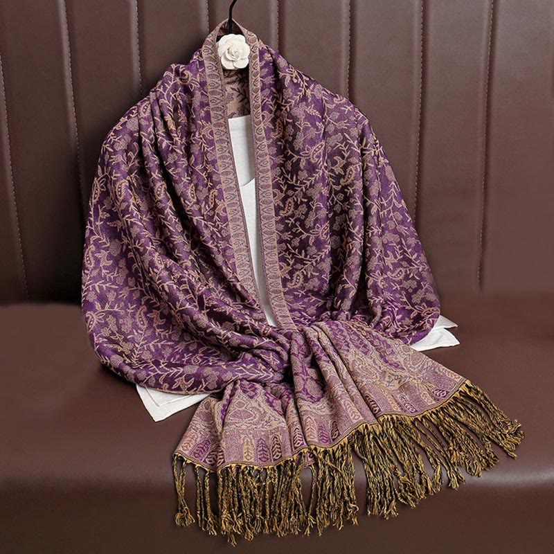 Buddha Stones Tibetischer Jacquard Paisley Blumenmuster Farbkontrast Design Quaste Gemütlicher Schal Schal - Fuchsie - image 22