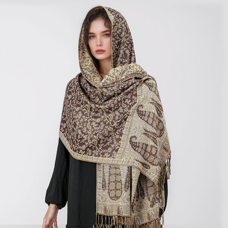 Buddha Stones Tibetischer Jacquard Paisley Blumenmuster Farbkontrast Design Quaste Gemütlicher Schal Schal - image 14