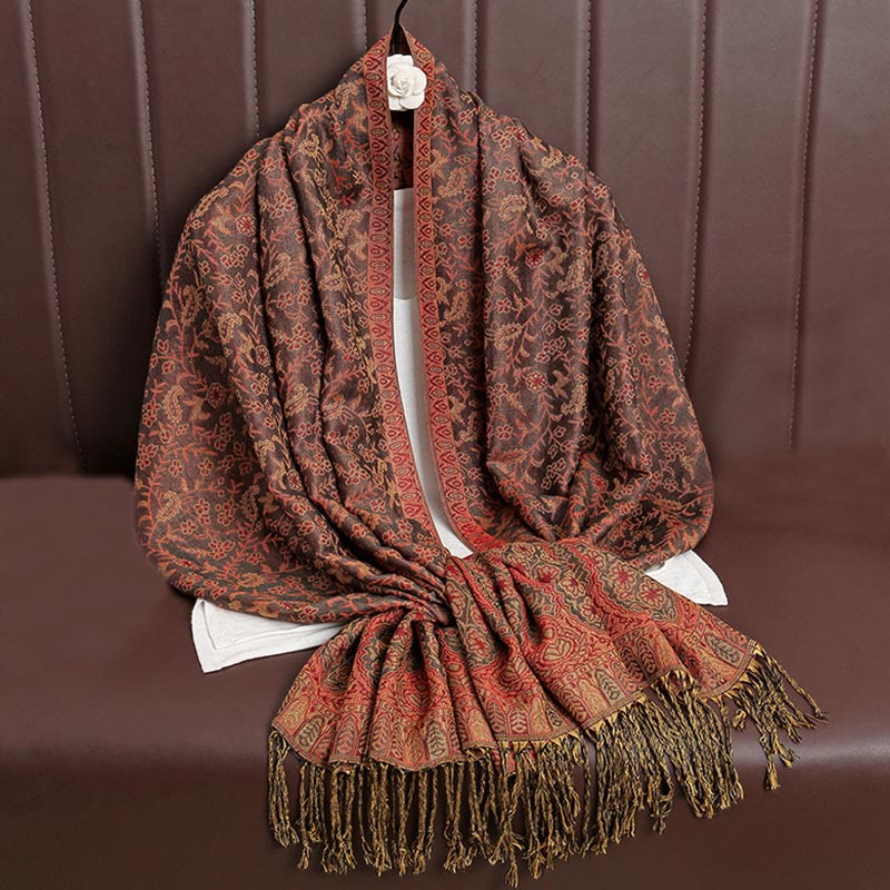 Buddha Stones Tibetischer Jacquard Paisley Blumenmuster Farbkontrast Design Quaste Gemütlicher Schal Schal - Braun - image 33