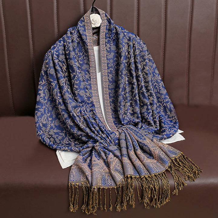 Buddha Stones Tibetischer Jacquard Paisley Blumenmuster Farbkontrast Design Quaste Gemütlicher Schal Schal - Schieferblau - image 11