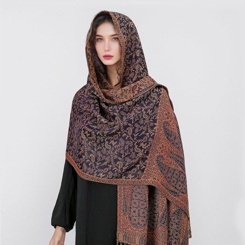 Buddha Stones Tibetischer Jacquard Paisley Blumenmuster Farbkontrast Design Quaste Gemütlicher Schal Schal - image 28