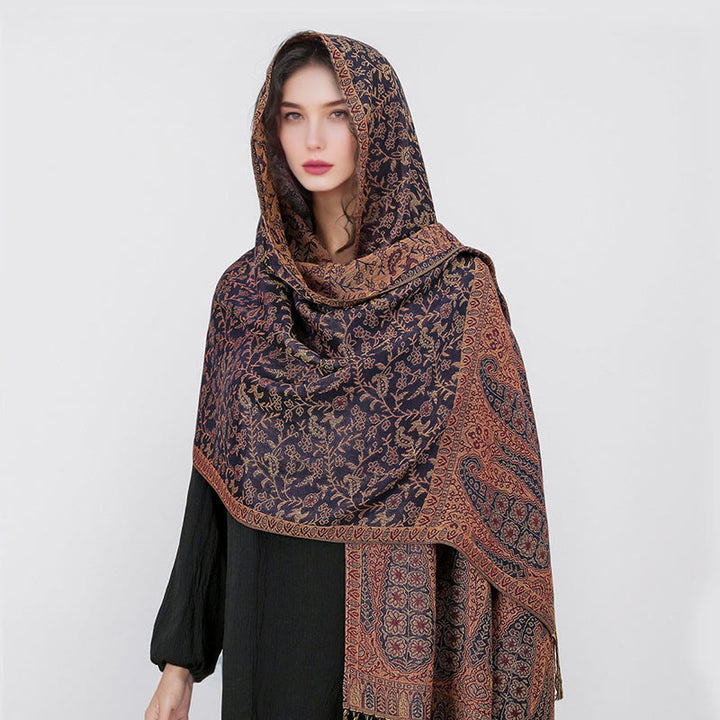 Buddha Stones Tibetischer Jacquard Paisley Blumenmuster Farbkontrast Design Quaste Gemütlicher Schal Schal - image 28