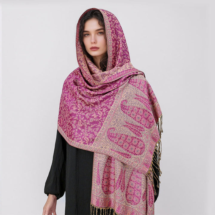 Buddha Stones Tibetischer Jacquard Paisley Blumenmuster Farbkontrast Design Quaste Gemütlicher Schal Schal - image 16