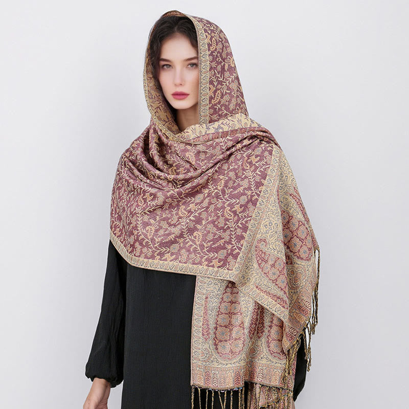 Buddha Stones Tibetischer Jacquard Paisley Blumenmuster Farbkontrast Design Quaste Gemütlicher Schal Schal - image 32