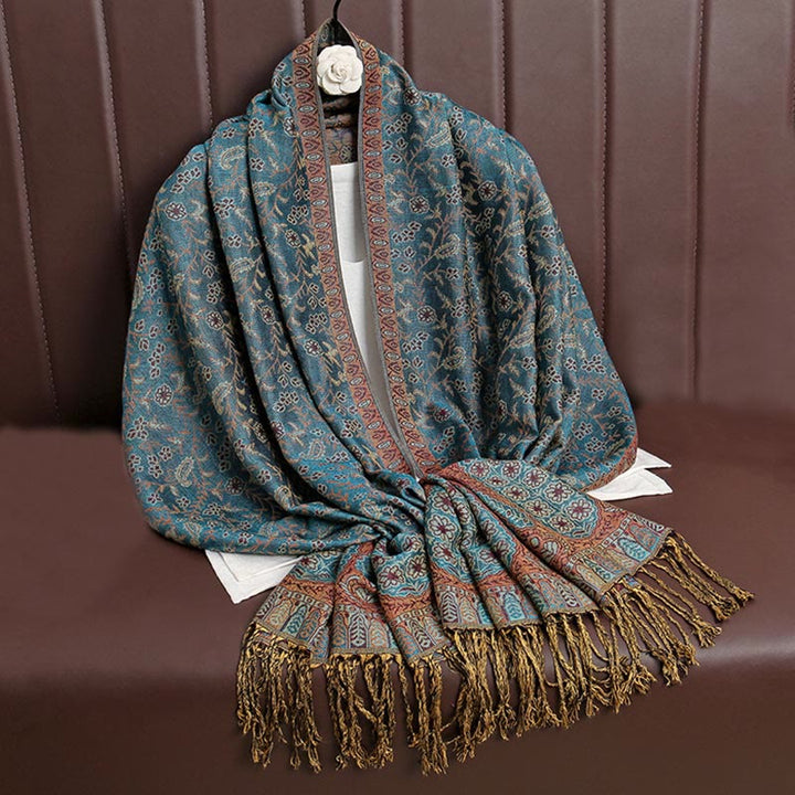 Buddha Stones Tibetischer Jacquard Paisley Blumenmuster Farbkontrast Design Quaste Gemütlicher Schal Schal - Blaugrün - image 20