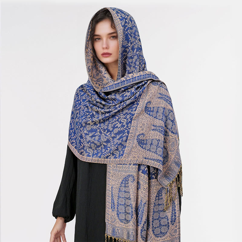 Buddha Stones Tibetischer Jacquard Paisley Blumenmuster Farbkontrast Design Quaste Gemütlicher Schal Schal - image 12