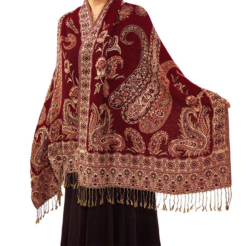 Buddha Stones Böhmen Stil Tibetischen Paisley Blumenmuster Quaste Gemütliche Schal Schal - Dunkelrot - 70 x 180 cm - image 8