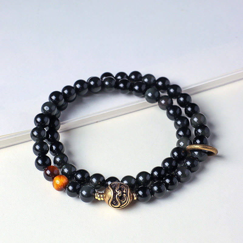 Buddha Stones Tibetischer schwarzer Obsidian Tigerauge Kupfer Doppelwickel-Stärkearmband - Schwarzer Obsidian (Handgelenkumfang: 13–15 cm) - image 0