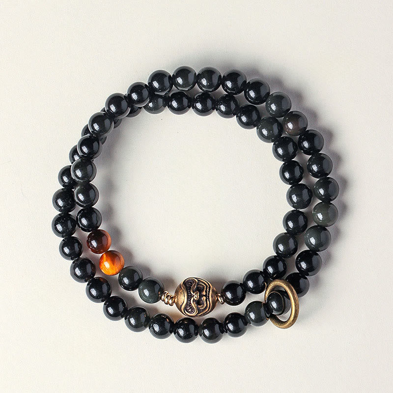 Buddha Stones Tibetischer schwarzer Obsidian Tigerauge Kupfer Doppelwickel-Stärkearmband - image 1