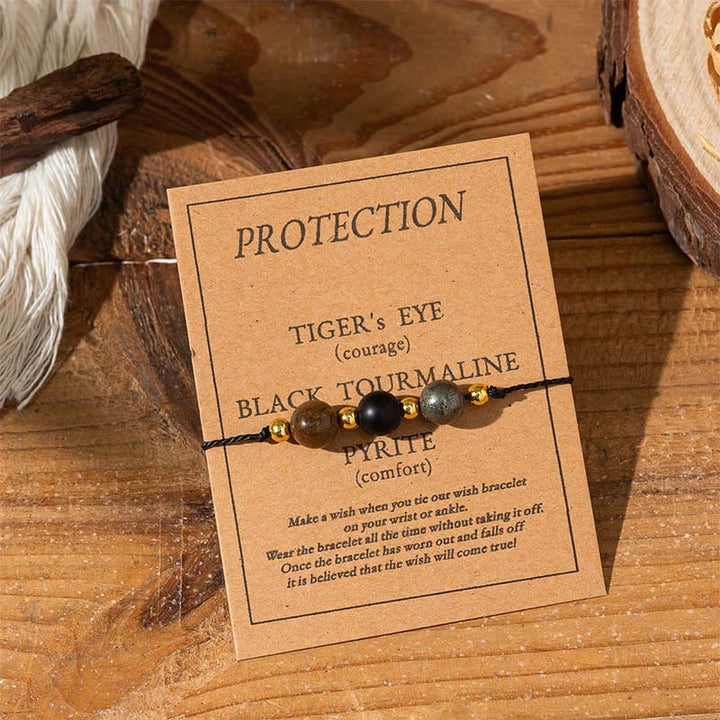 Buddha Stones Tigerauge Schwarzer Turmalin Pyrit Schutzkarte Seil Armband - Runde Perlen (Handgelenkumfang: 14–23 cm) - image 1