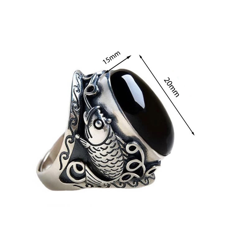 Buddha Stones Schwarzer Obsidian Koi Fisch Symbol Stärke Verstellbarer Ring - image 4