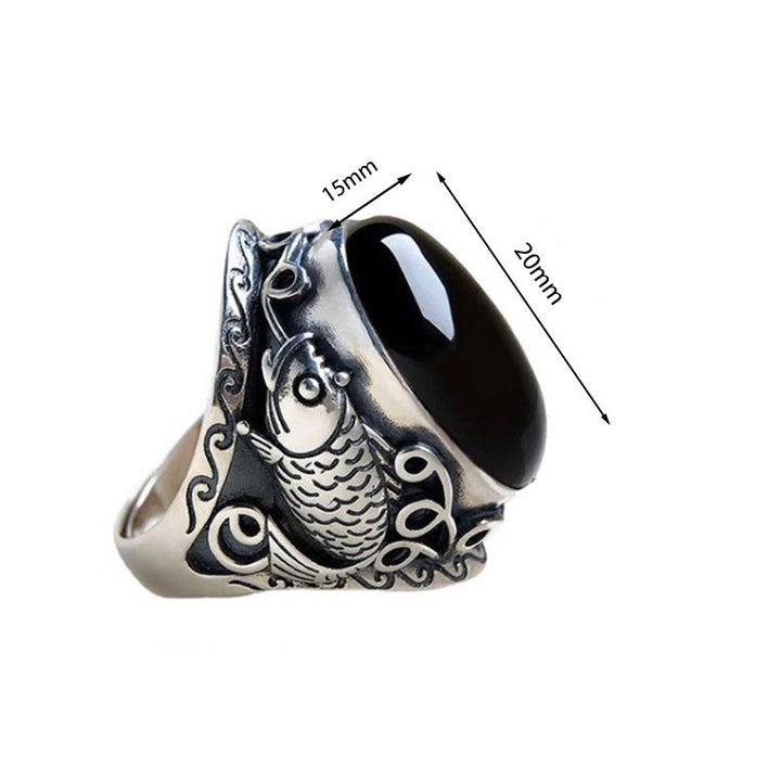 Buddha Stones Schwarzer Obsidian Koi Fisch Symbol Stärke Verstellbarer Ring - image 4