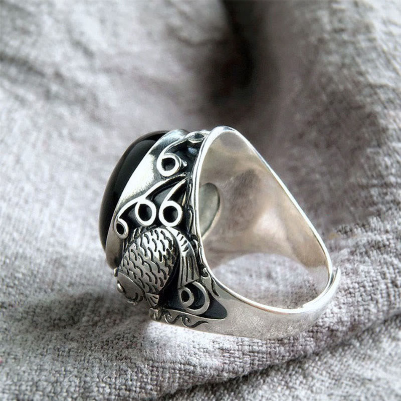 Buddha Stones Schwarzer Obsidian Koi Fisch Symbol Stärke Verstellbarer Ring - image 1