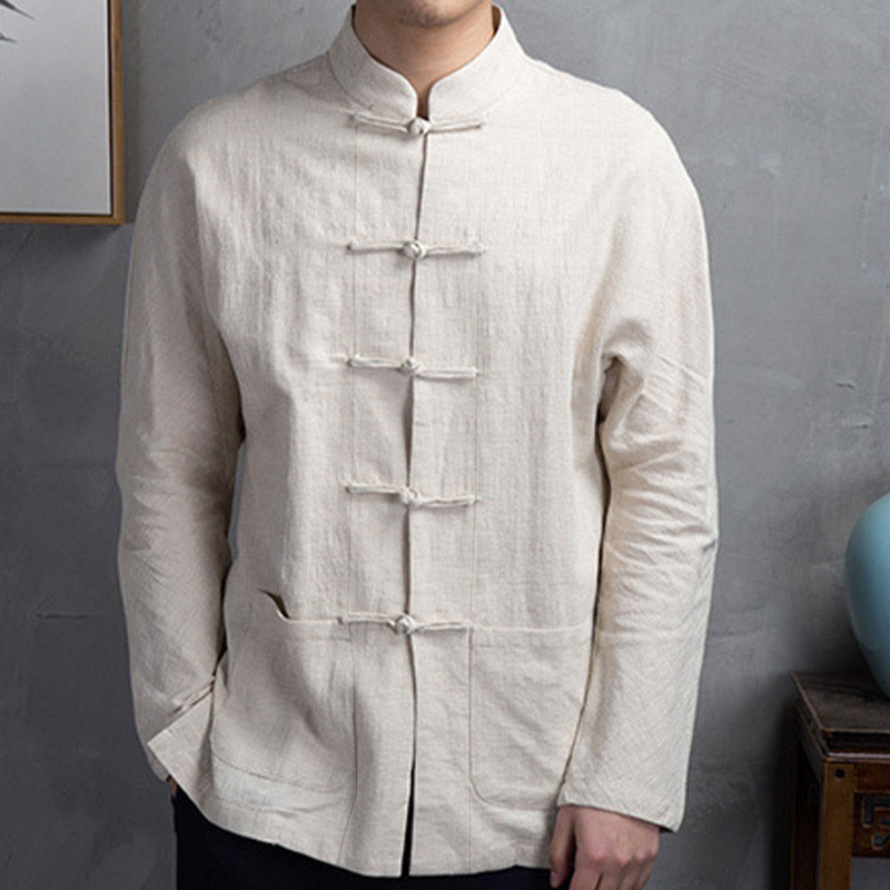 Buddha Stones Einfarbig Casual Frosch-Knopf Herrenhemd Kleidung - ZitroneChiffon - US/ UK/AU44，EU54 (5XL) - image 0