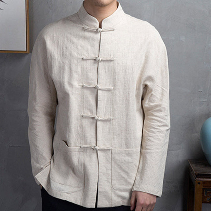Buddha Stones Einfarbig Casual Frosch-Knopf Herrenhemd Kleidung - ZitroneChiffon - US/ UK/AU44，EU54 (5XL) - image 0