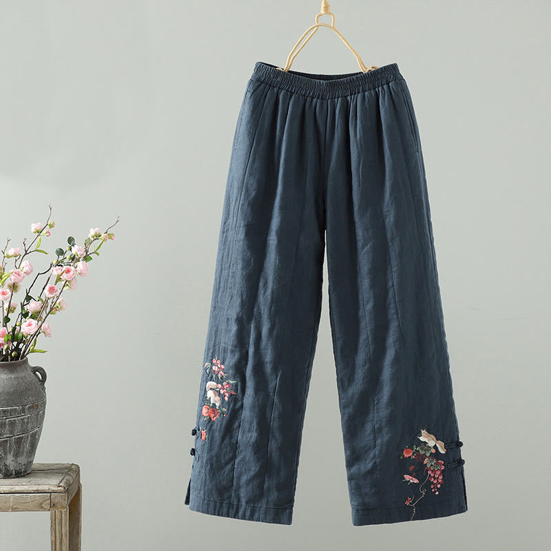 Buddha Stones bestickte Froschknopf-Baumwoll-gepolsterte Damenhose mit weitem Bein und Taschen - image 1