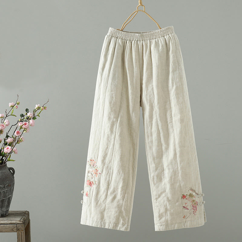 Buddha Stones bestickte Froschknopf-Baumwoll-gepolsterte Damenhose mit weitem Bein und Taschen - Beige - US8-10， UK/AU12-14，EU40-42 (2XL) - image 6
