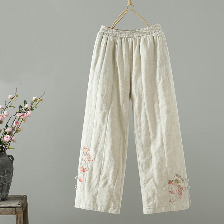 Buddha Stones bestickte Froschknopf-Baumwoll-gepolsterte Damenhose mit weitem Bein und Taschen - Beige - US8-10， UK/AU12-14，EU40-42 (2XL) - image 6