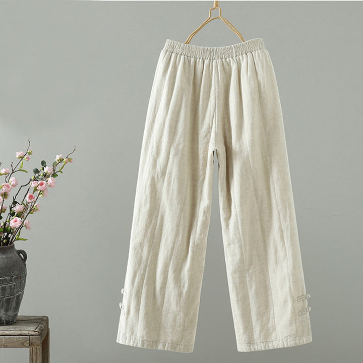 Buddha Stones bestickte Froschknopf-Baumwoll-gepolsterte Damenhose mit weitem Bein und Taschen - image 7