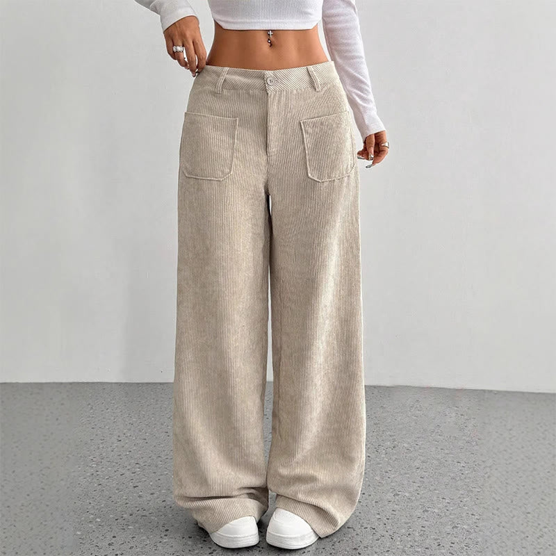 Buddha Stones Damenhose aus schlichtem Cord-Polyester mit weitem Bein und Knöpfen und Taschen - Beige - US14， UK/AU18，EU46 (2XL) - image 0