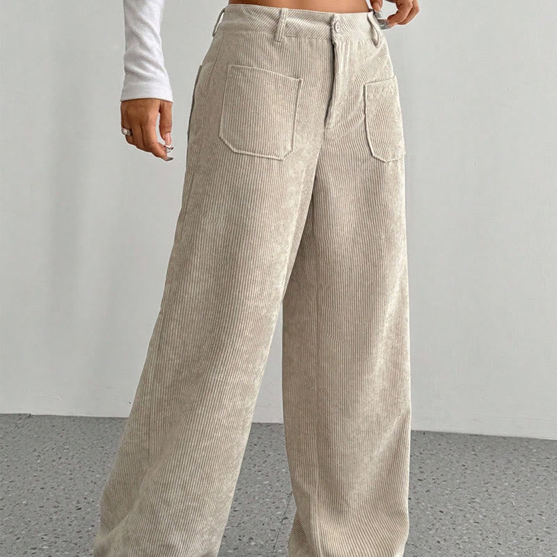 Buddha Stones Damenhose aus schlichtem Cord-Polyester mit weitem Bein und Knöpfen und Taschen - image 4