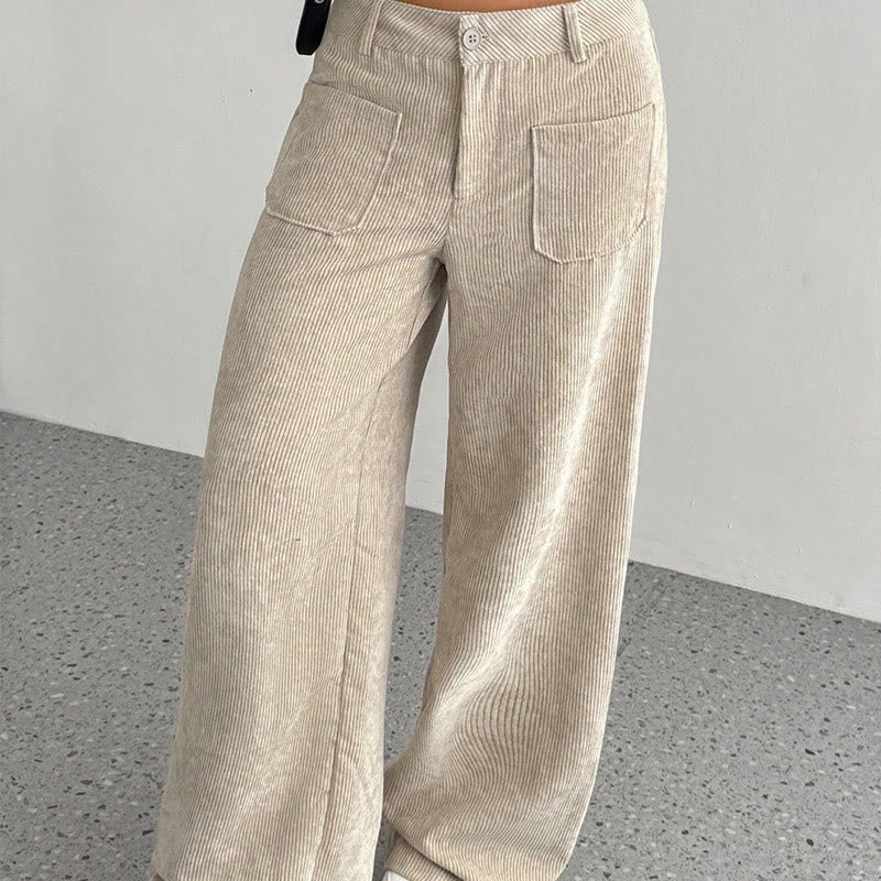 Buddha Stones Damenhose aus schlichtem Cord-Polyester mit weitem Bein und Knöpfen und Taschen - image 2
