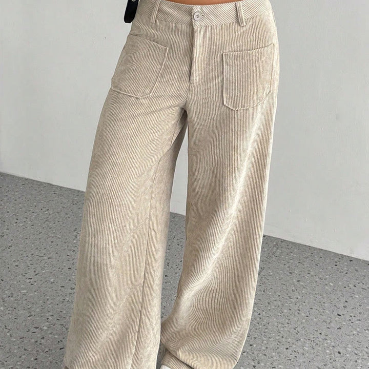 Buddha Stones Damenhose aus schlichtem Cord-Polyester mit weitem Bein und Knöpfen und Taschen - image 2