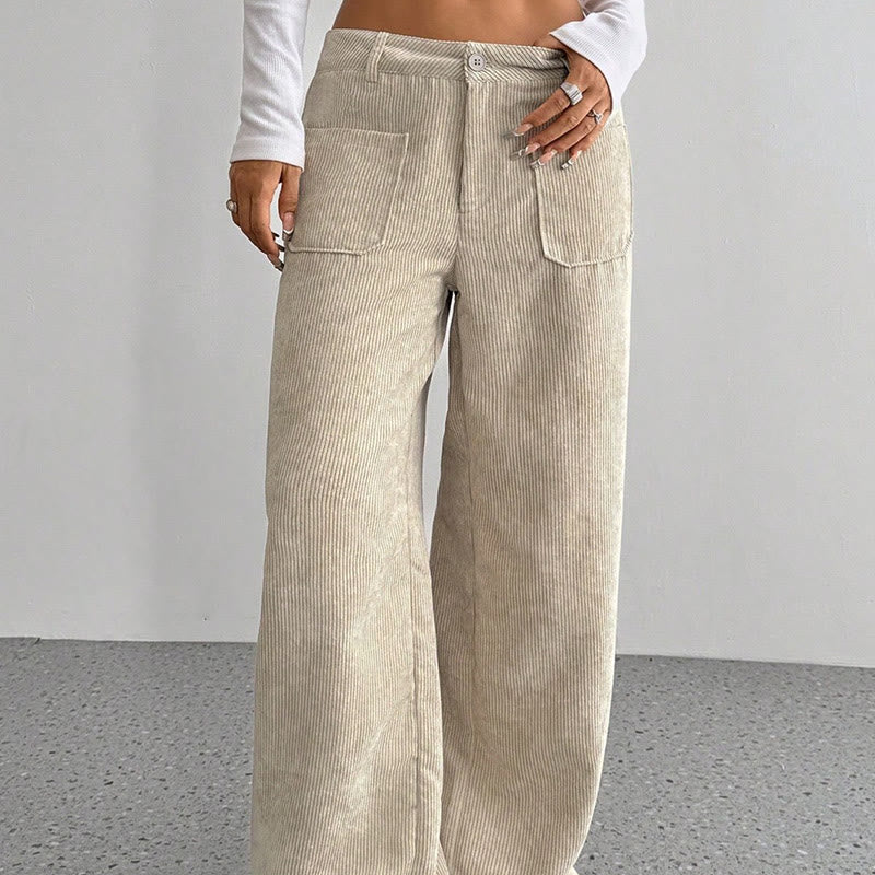 Buddha Stones Damenhose aus schlichtem Cord-Polyester mit weitem Bein und Knöpfen und Taschen - image 5